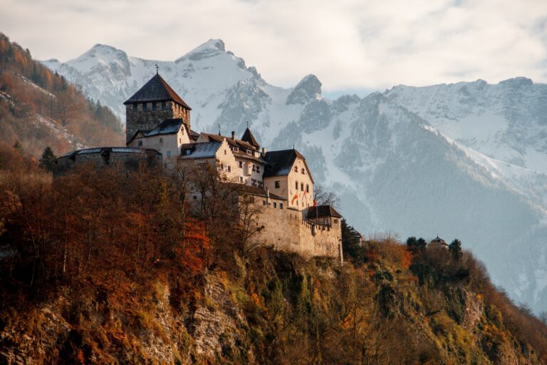 houses on the mountain and far away with snow,Castle Vaduz, Vaduz, Liechtenstein